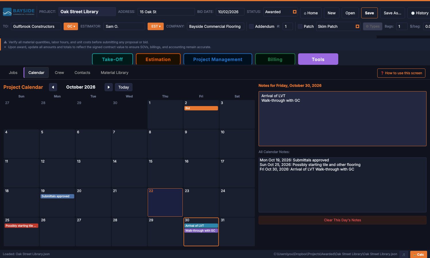 A job's calendar showing its notes and bid date on the days