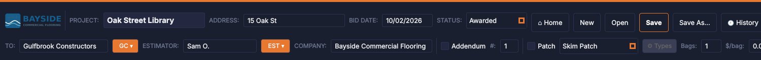 Top of a job in TCE with the example Bayside logo in the corner, next to the project name, address and bid date
