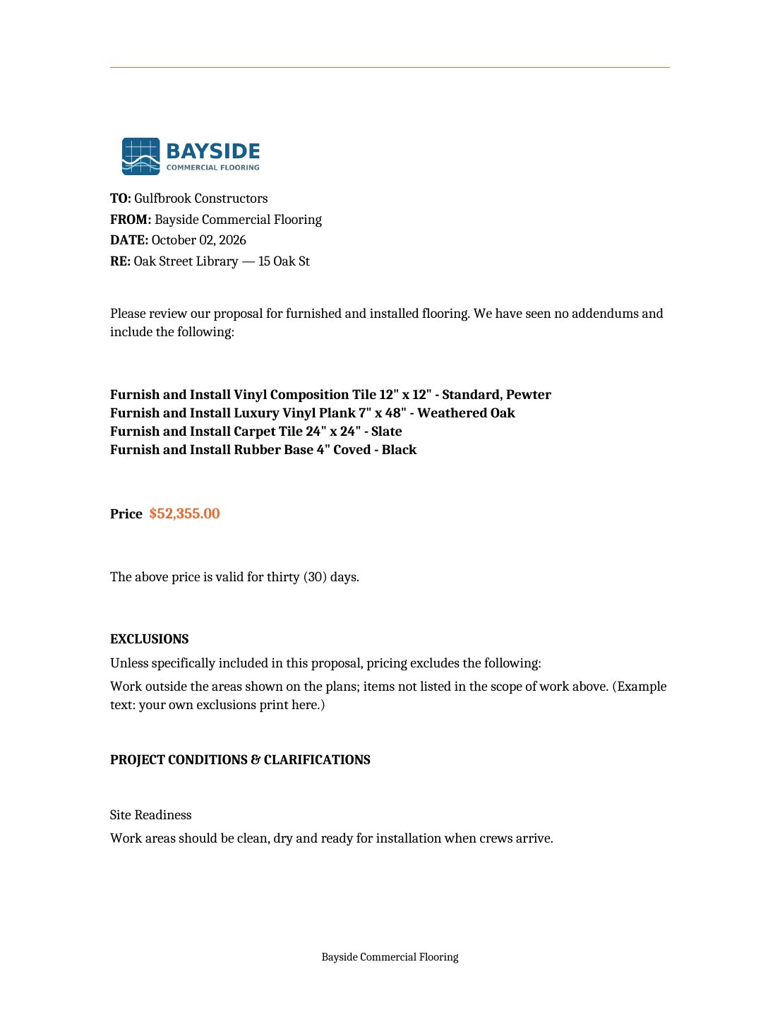 Bid proposal with the example company logo, to, from, date, project, scope of work lines and price