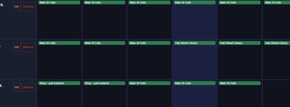 Crew board for one week: each installer's row shows the job they are on each day
