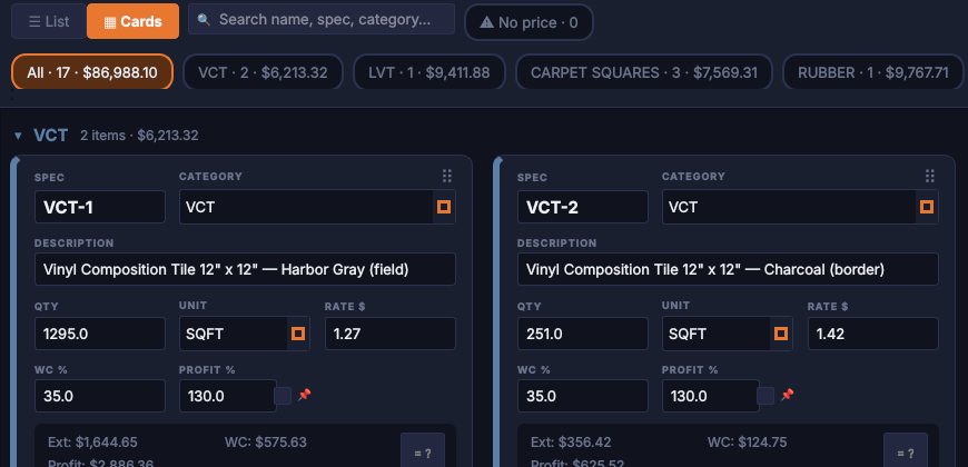 Two labor cards for VCT with quantity, unit, rate, workers' comp and profit percentages, the math and the billed amount