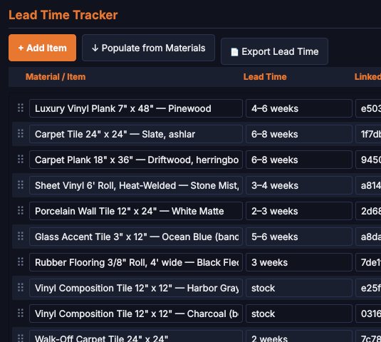 Lead time list: each material with its lead time, such as 4 to 6 weeks or stock