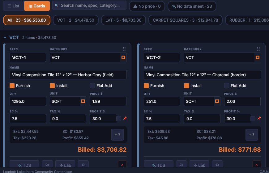 Two material cards in the VCT category, each with spec, category, name, Furnish, Install and Flat Add boxes, quantity, unit, price, surcharge, tax and profit percentages, the math, and the billed amount