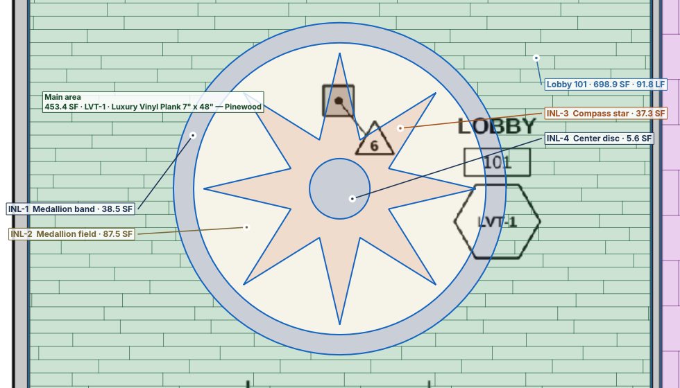 Close-up of a lobby floor in plank with an inlaid round medallion: a dark outer band, an ivory field, an eight-point copper compass star and a center disc, with callouts beside it giving each piece its square feet