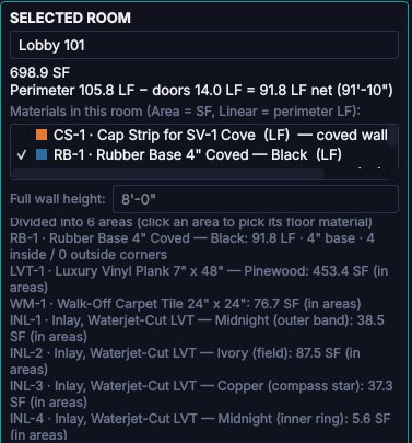 Selected room panel for Lobby 101: divided into 6 areas, with luxury vinyl plank 453.4 square feet, walk-off carpet 76.7, and four inlay materials: outer band 38.5, field 87.5, compass star 37.3 and center 5.6 square feet