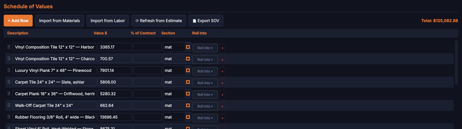Schedule of values with lines for each material, their values, sections and roll-into choices