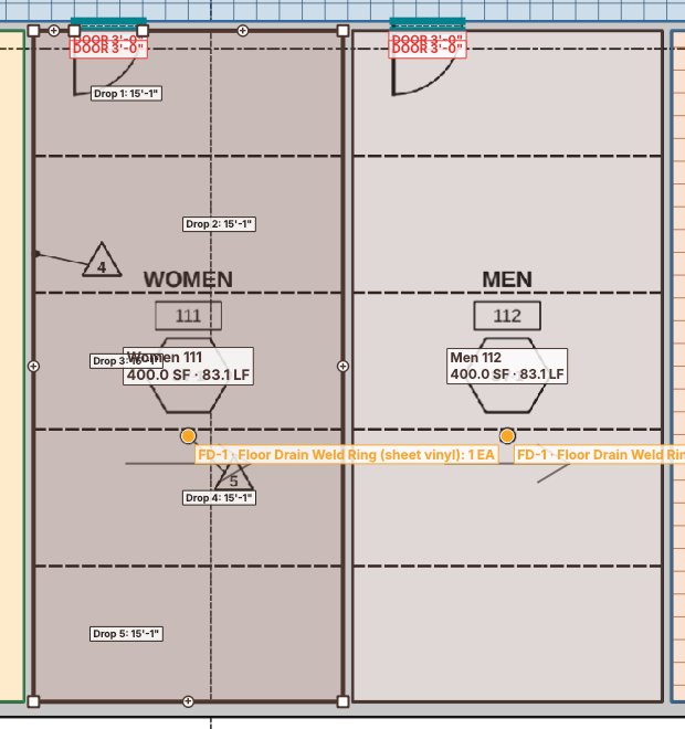 A restroom in sheet vinyl with six drops laid out, each labeled with its length, dashed seams between them and a floor drain