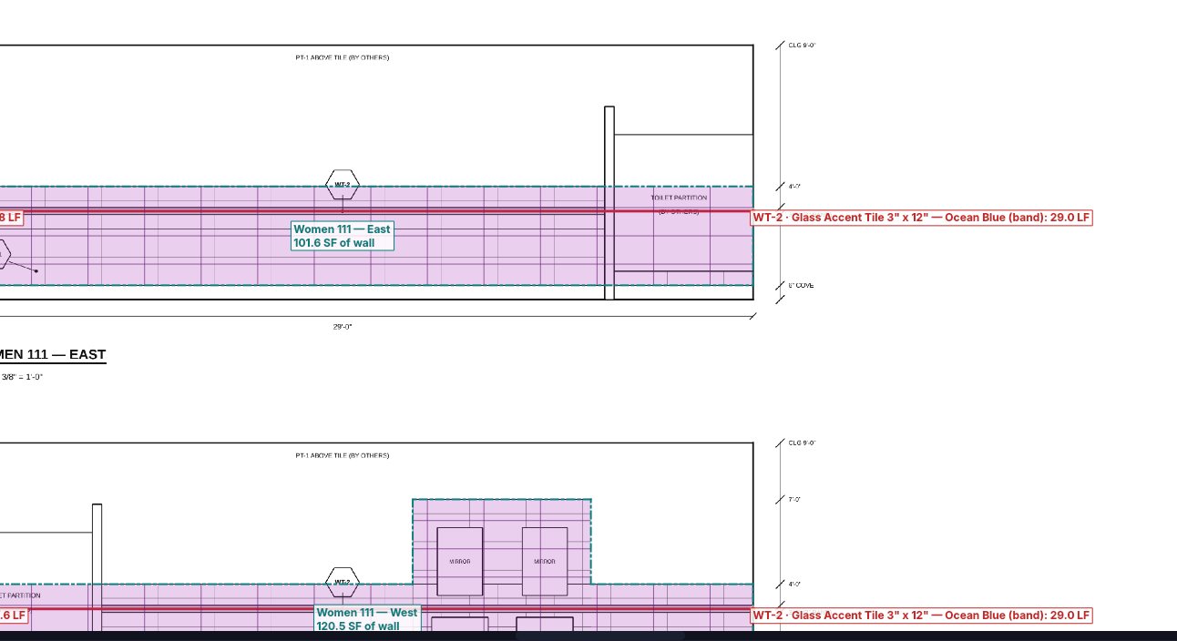 Restroom elevations with the wall filled in for porcelain wall tile, labeled in square feet of wall, and a glass accent band measured in linear feet