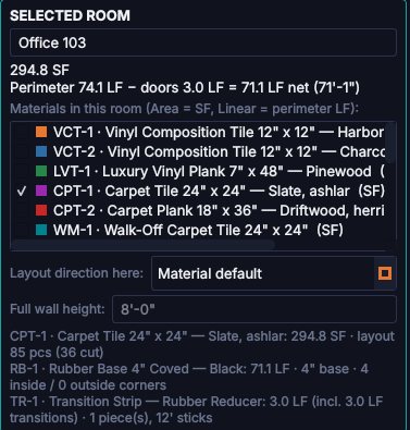Selected room panel for Office 103: 294.8 square feet, perimeter 74.1 linear feet minus a 3 foot door, the materials in the room, layout direction, wall height, carpet tile layout of 85 pieces with 36 cut, rubber base corners and a transition strip